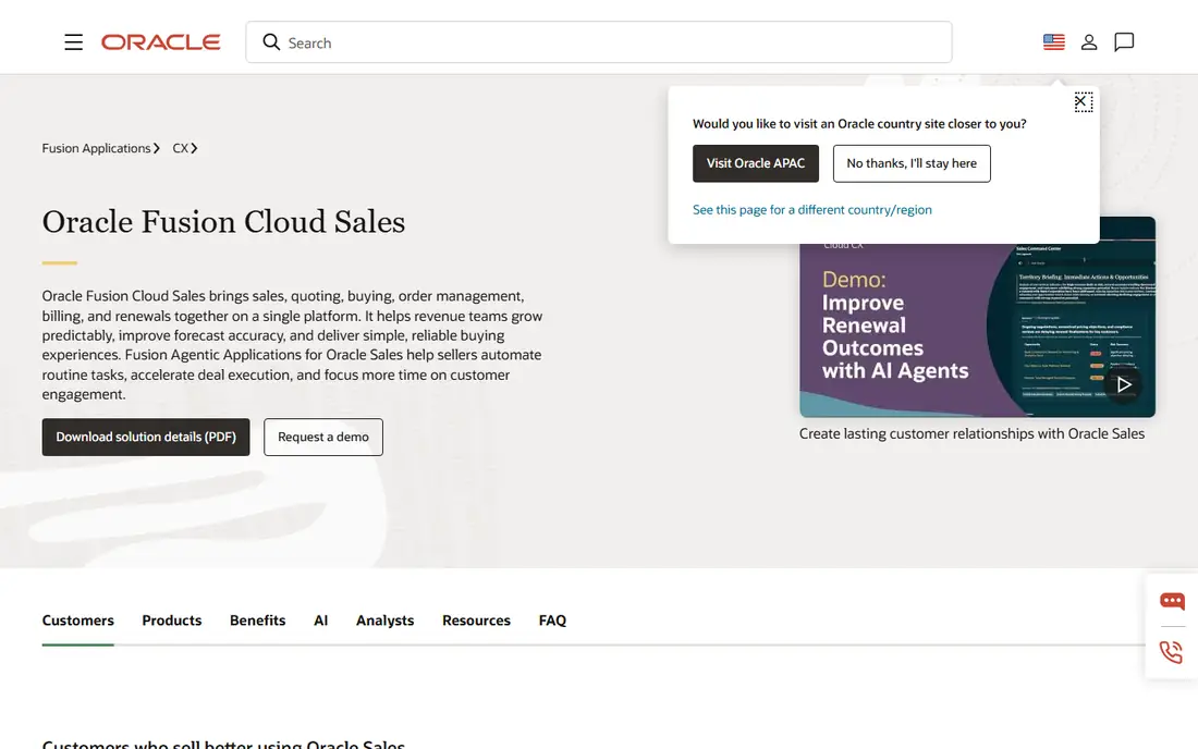 Oracle Fusion Sales homepage