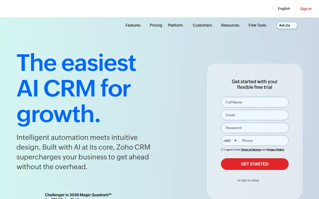 Zoho CRM homepage