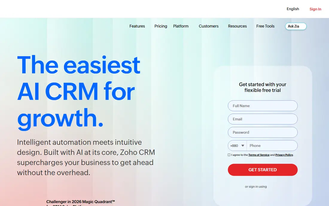 Zoho CRM homepage