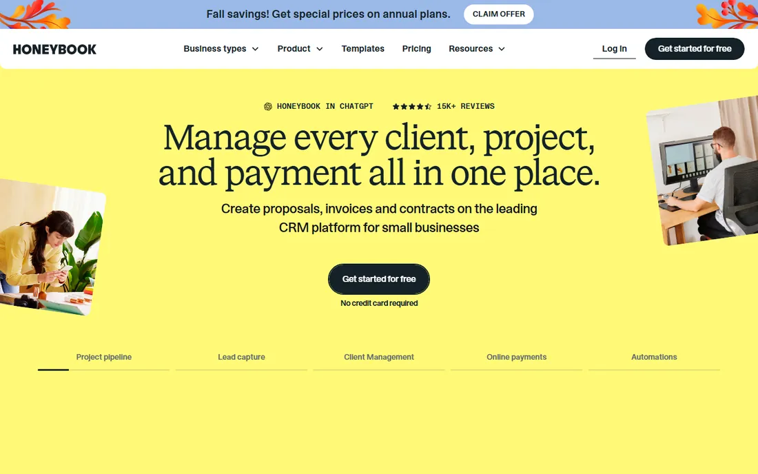 HoneyBook homepage