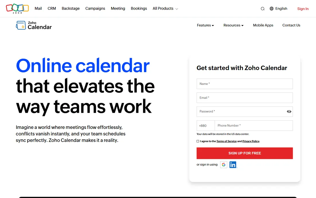 Zoho Calendar homepage