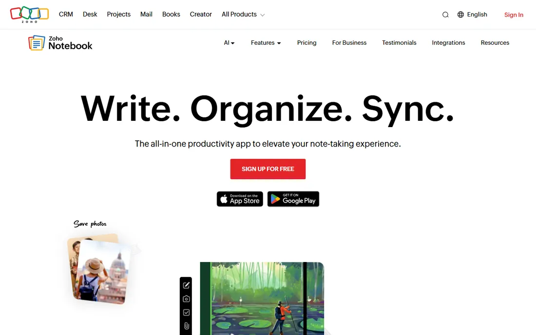 Zoho Notebook homepage