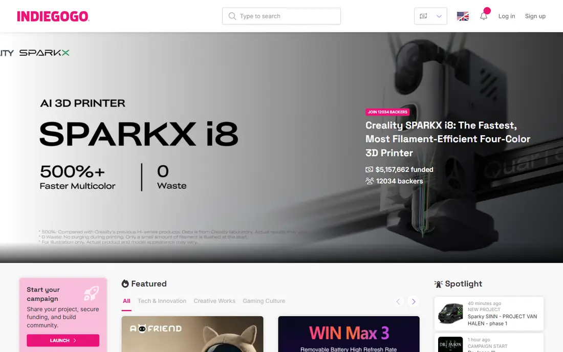 Indiegogo homepage