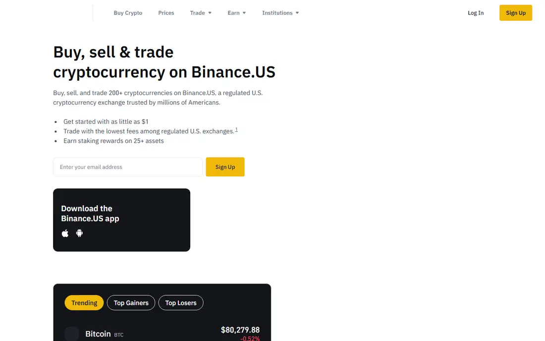 Binance.US homepage