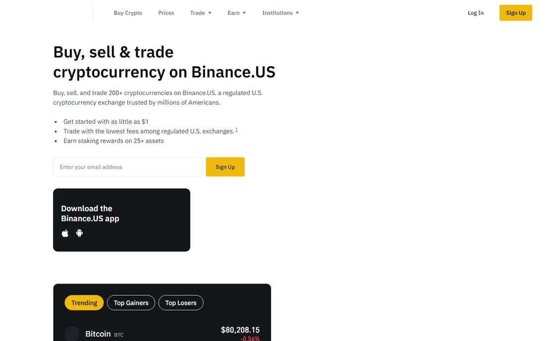 Binance.US homepage
