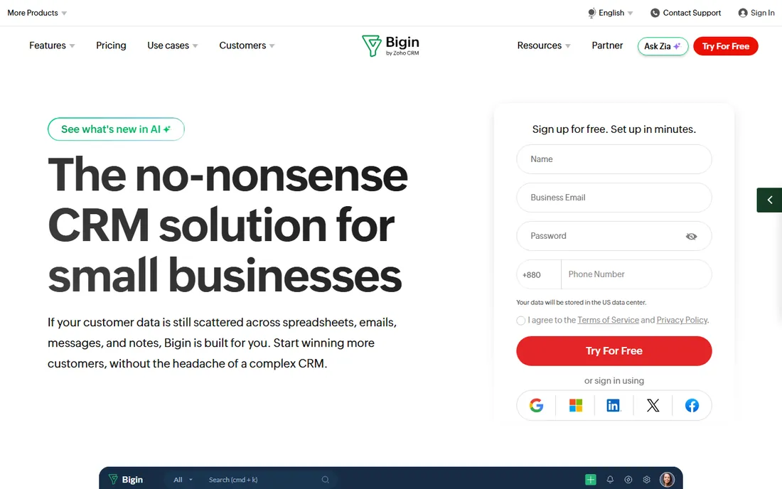 Bigin by Zoho CRM homepage