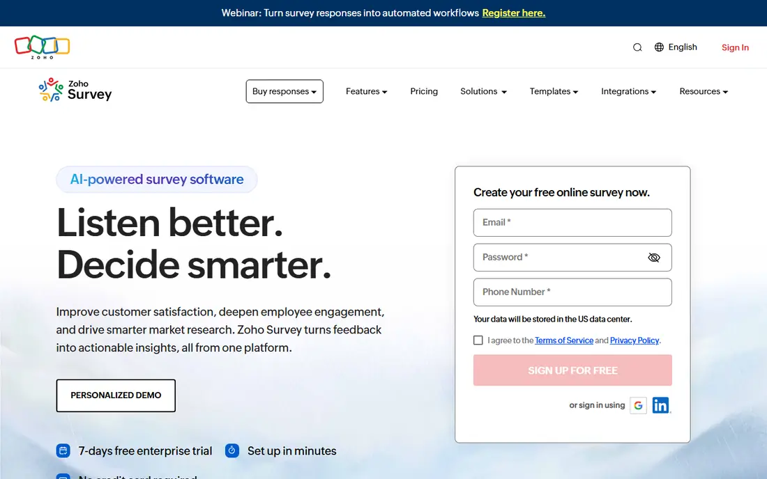 Zoho Survey homepage