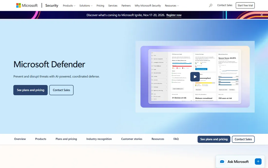 Microsoft Defender homepage