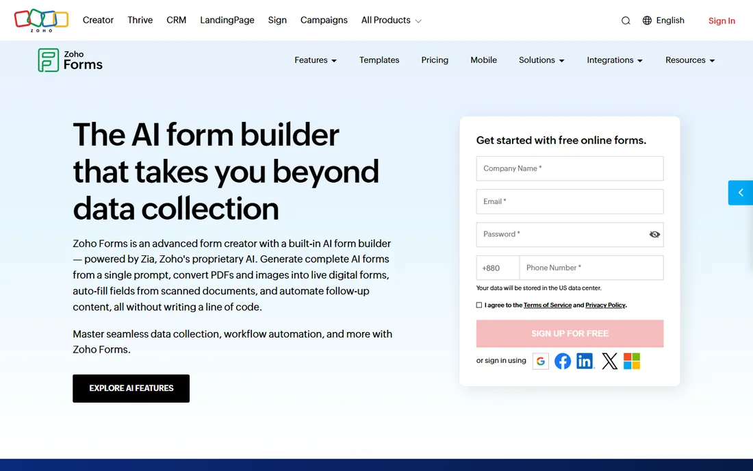 Zoho Forms homepage