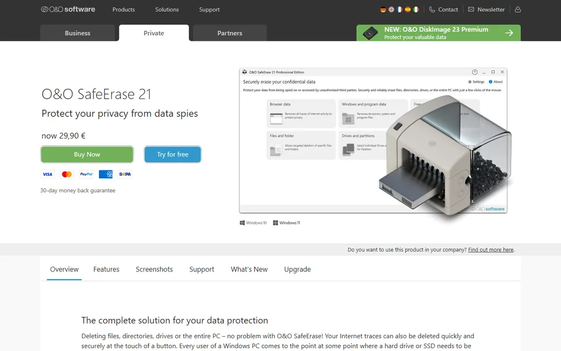O&O SafeErase homepage