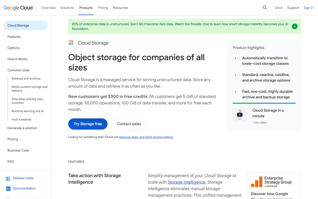 Google Cloud Storage homepage