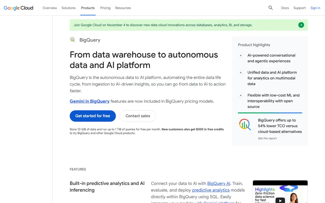 Google BigQuery homepage