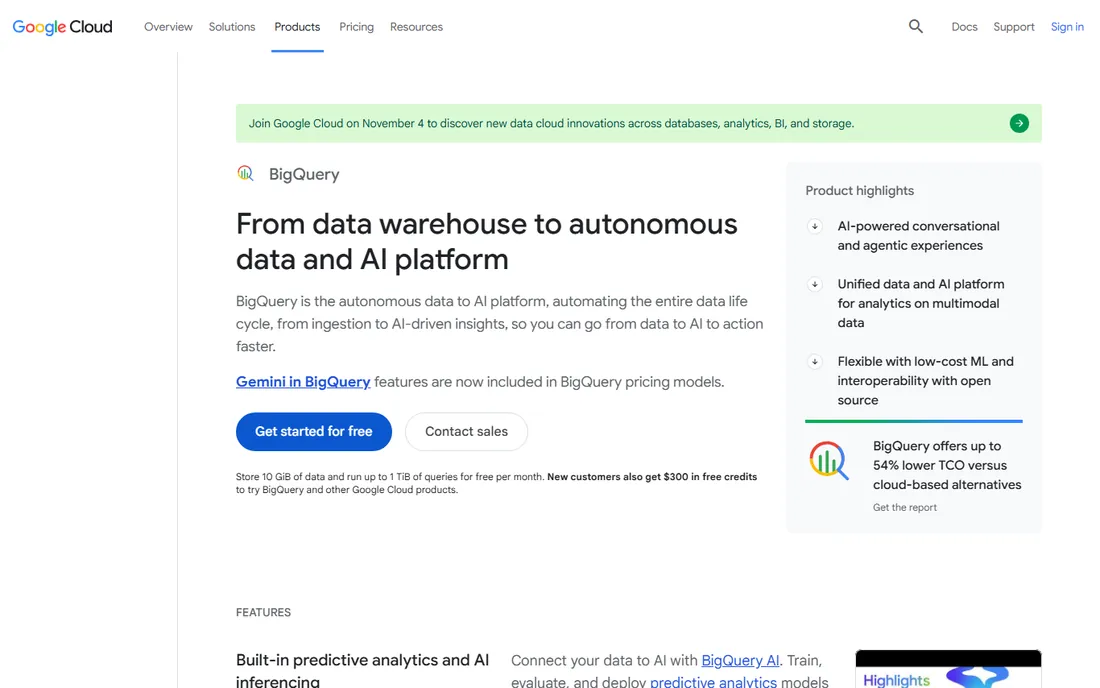 Google BigQuery homepage