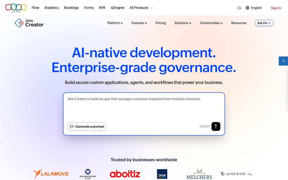 Zoho Creator homepage