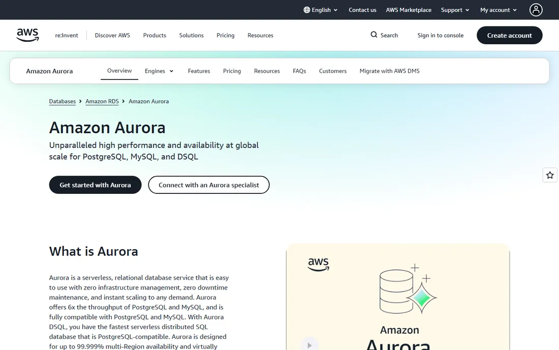 Amazon Aurora homepage