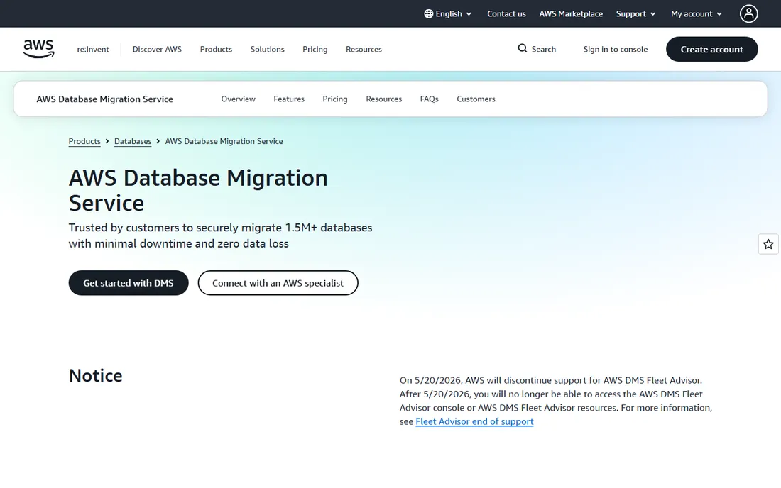 AWS DMS homepage