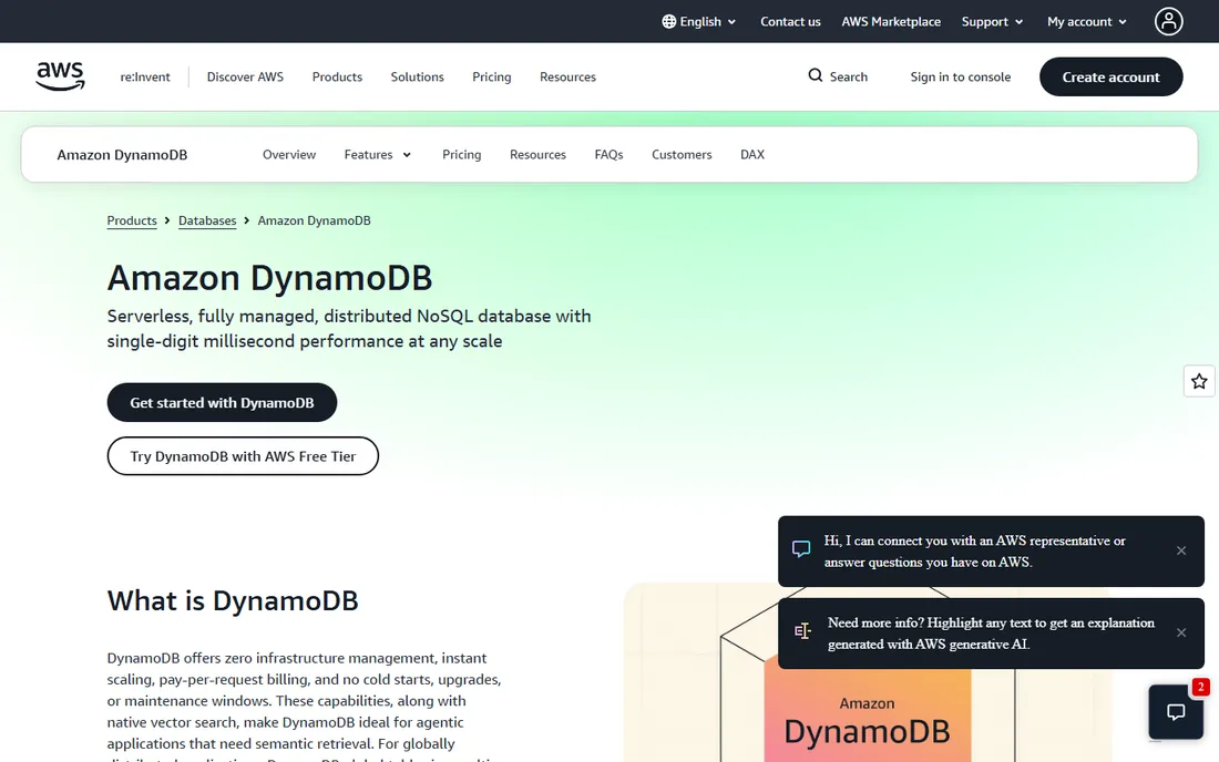 Amazon DynamoDB homepage