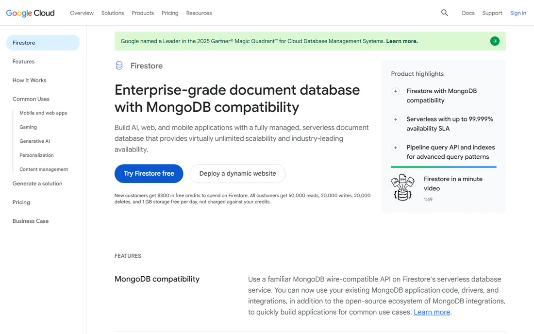 Google Cloud Firestore homepage