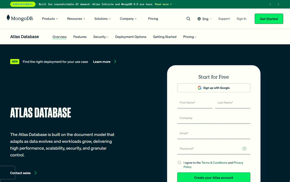MongoDB Atlas homepage