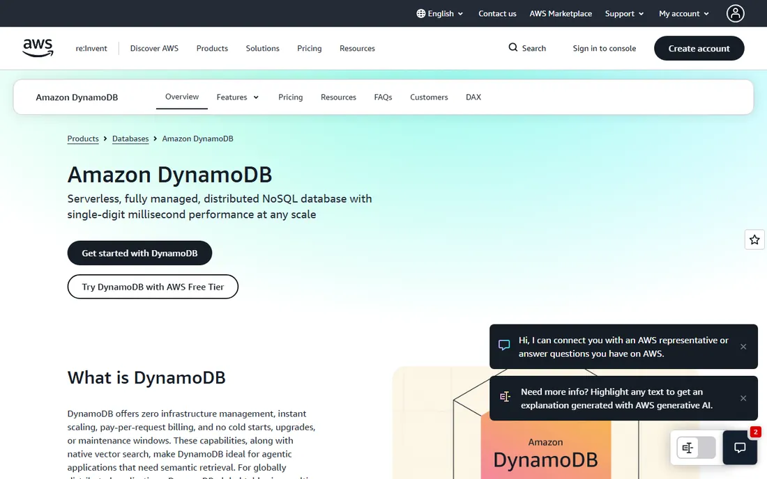 Amazon DynamoDB homepage