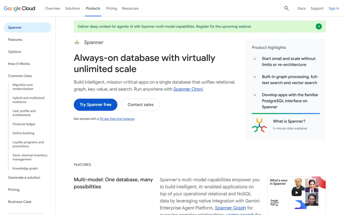 Google Cloud Spanner homepage