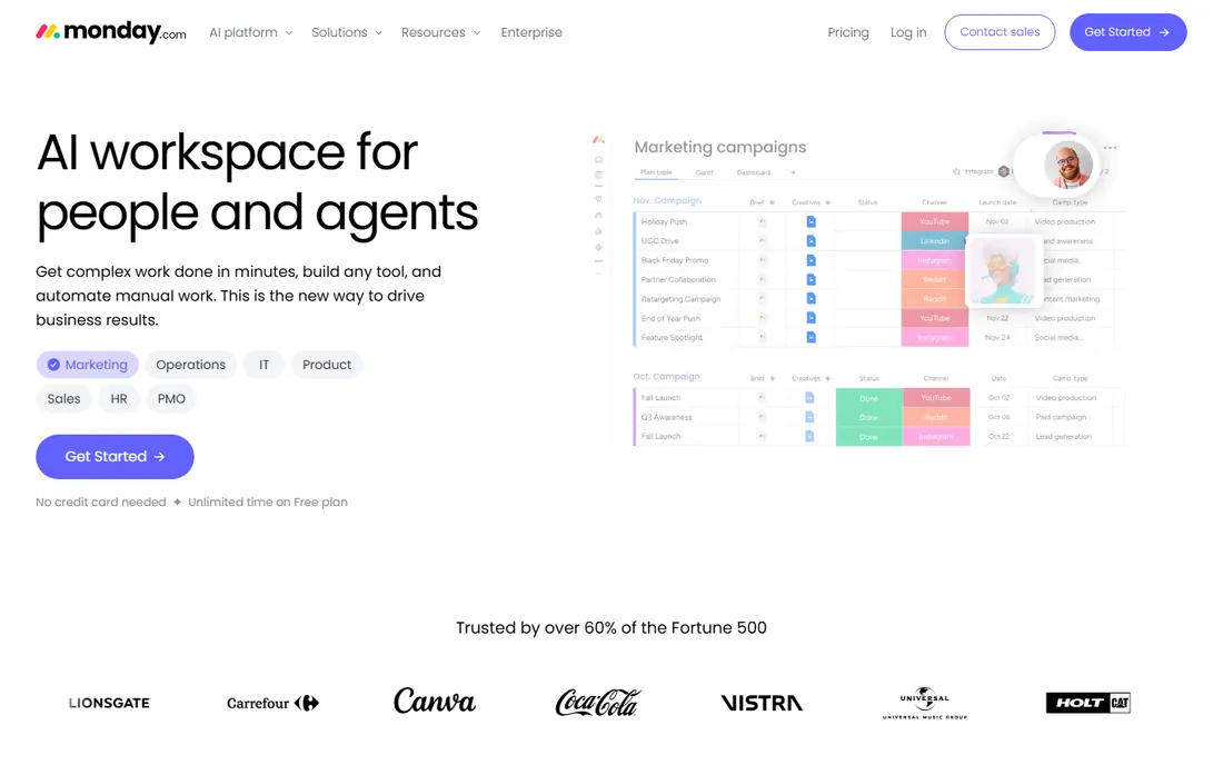 monday Sales CRM homepage
