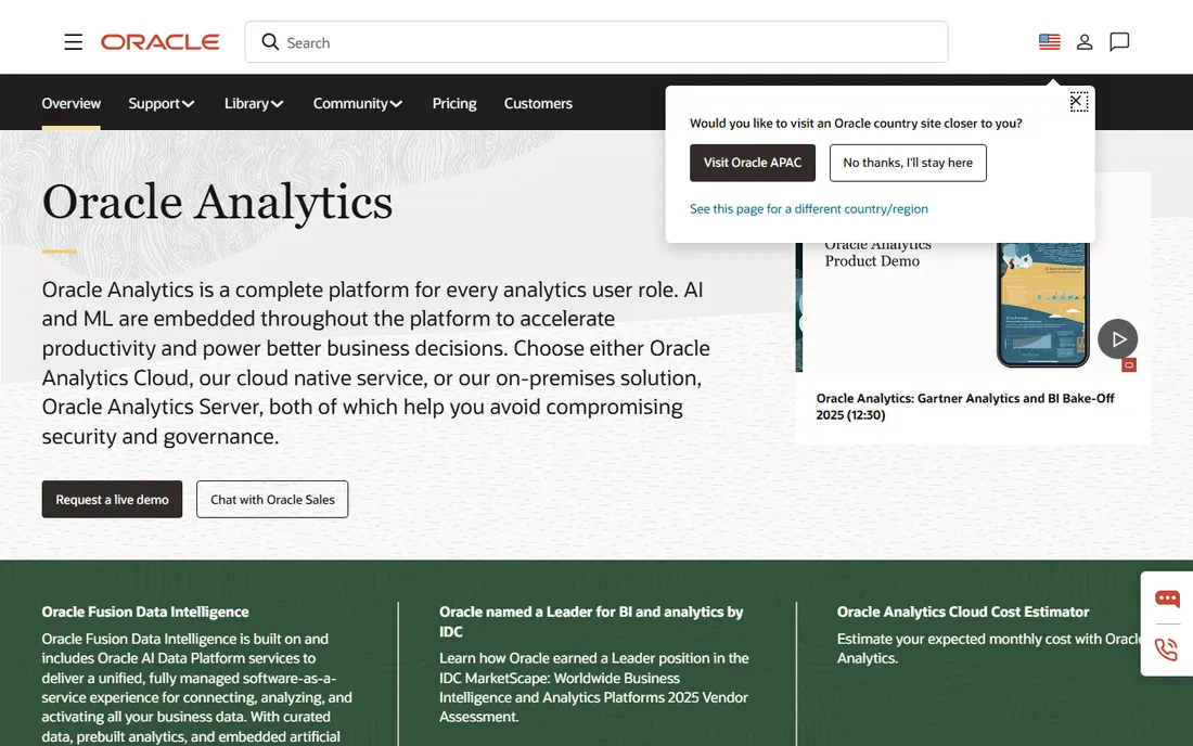 Oracle Analytics homepage