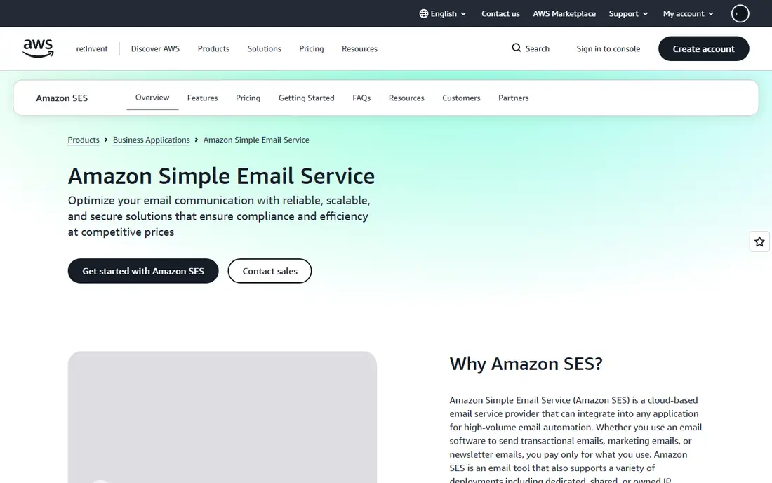 Amazon SES homepage