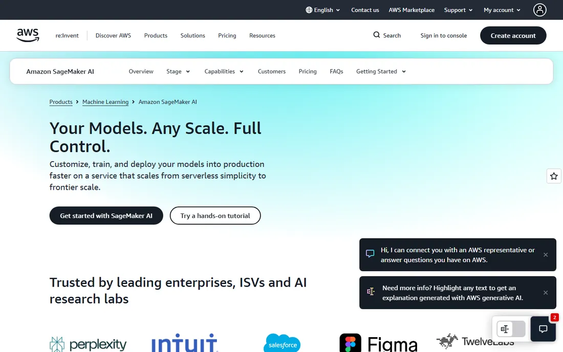 Amazon SageMaker homepage