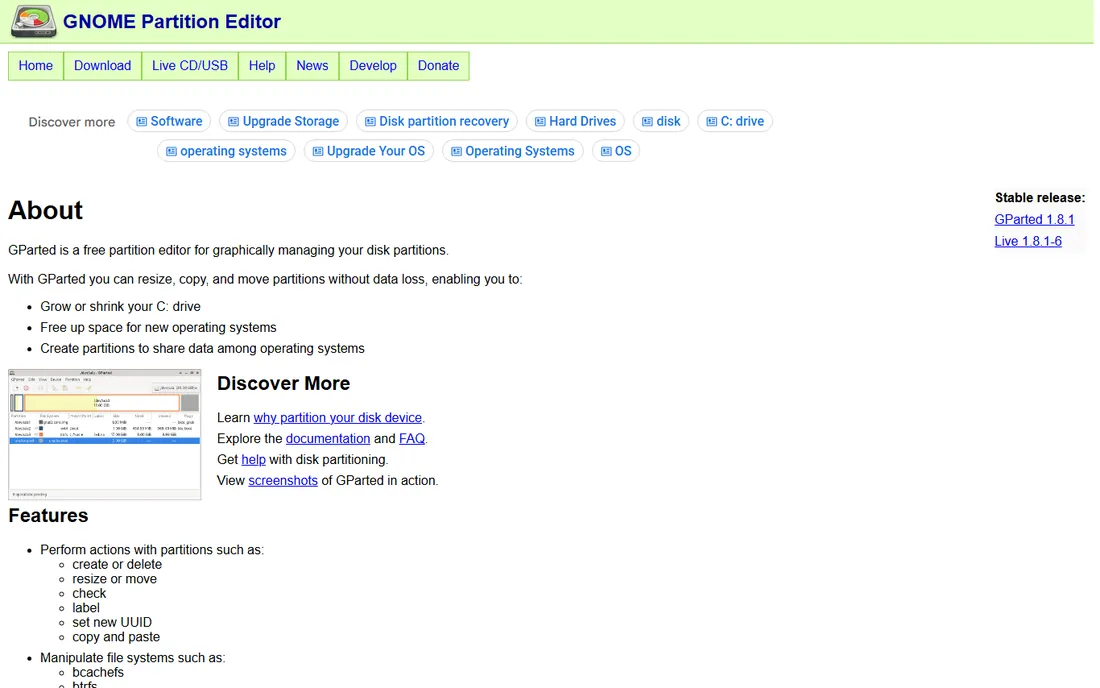 GParted homepage