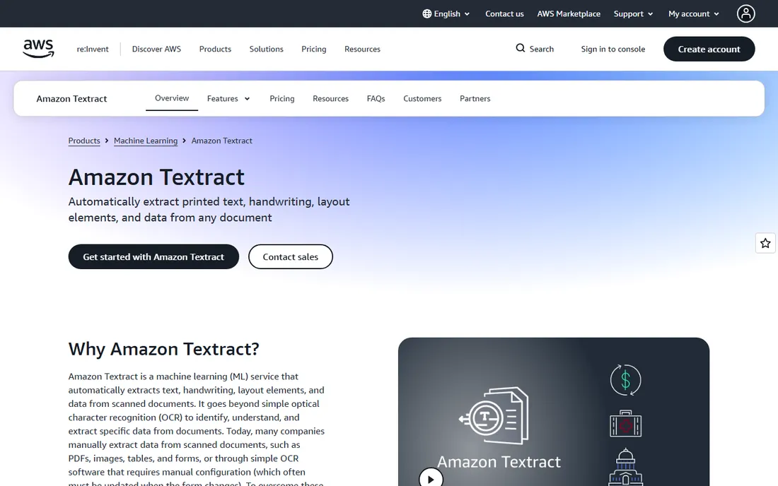 AWS Textract homepage