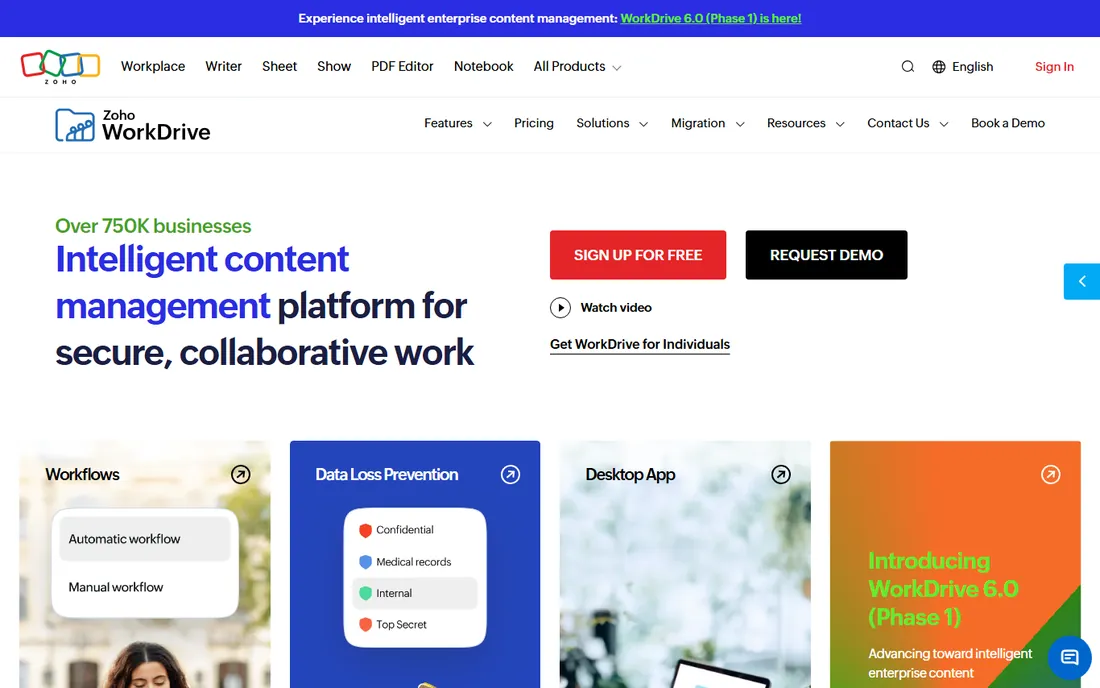 Zoho WorkDrive homepage