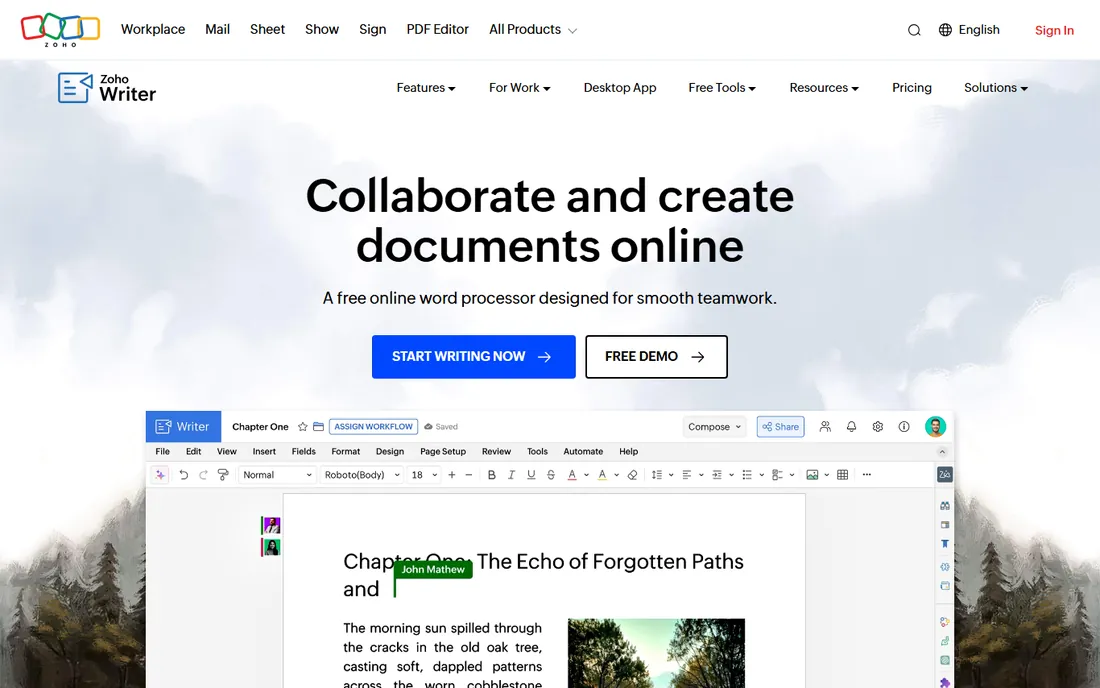 Zoho Writer homepage