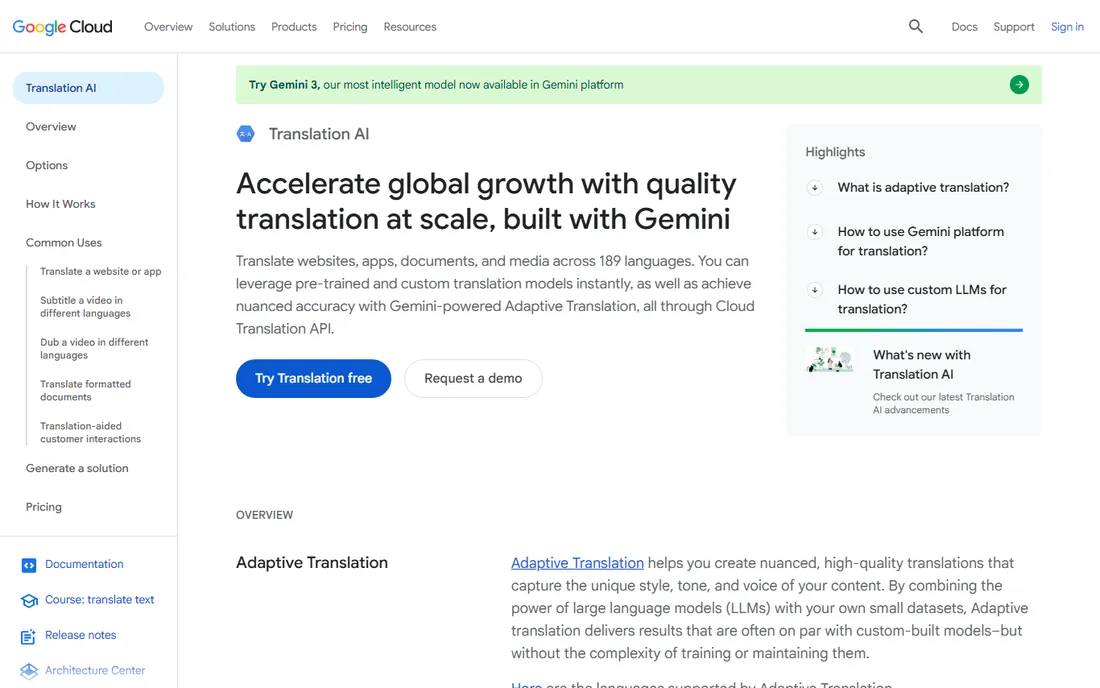 Google Cloud Translation homepage