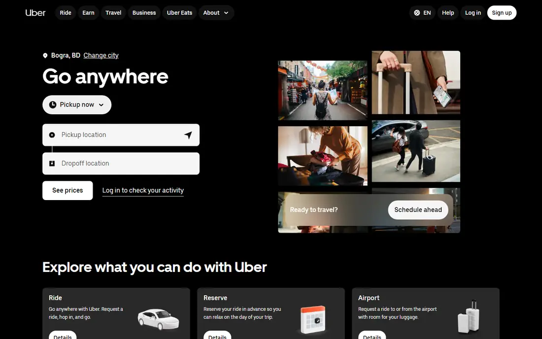 Uber homepage
