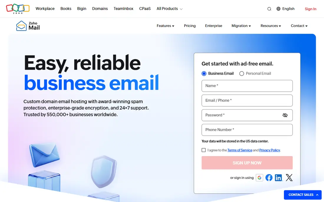Zoho Mail homepage