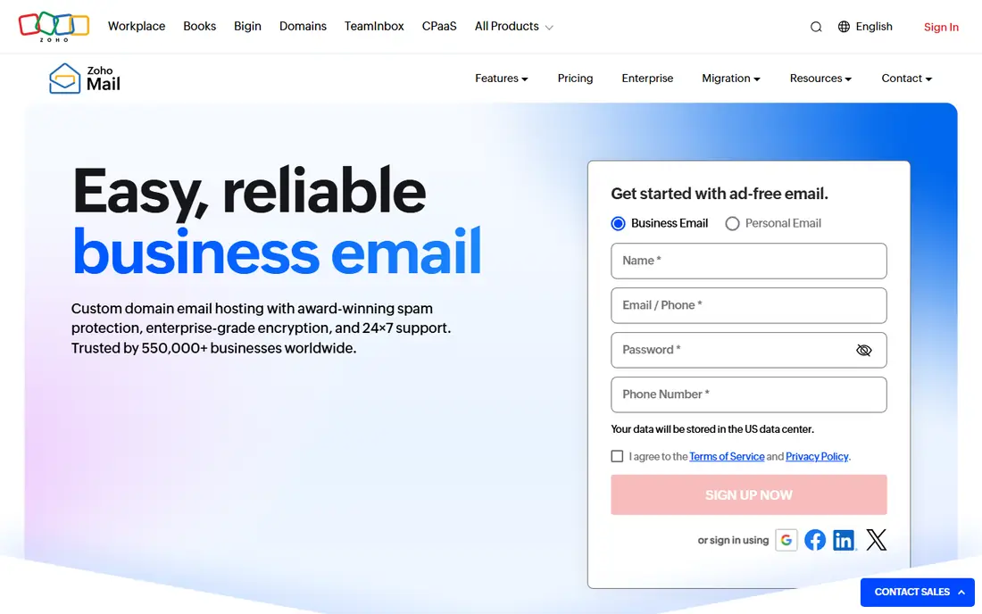 Zoho Mail homepage