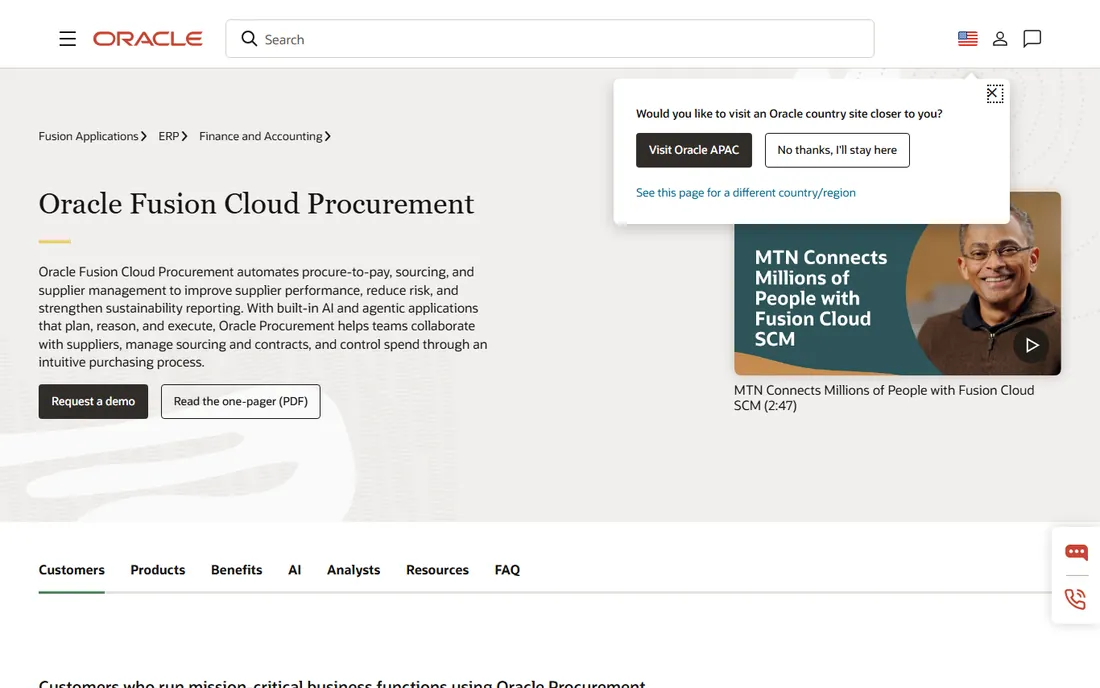Oracle Fusion Cloud Procurement homepage