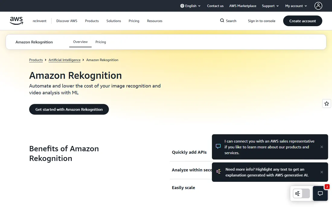Amazon Rekognition homepage