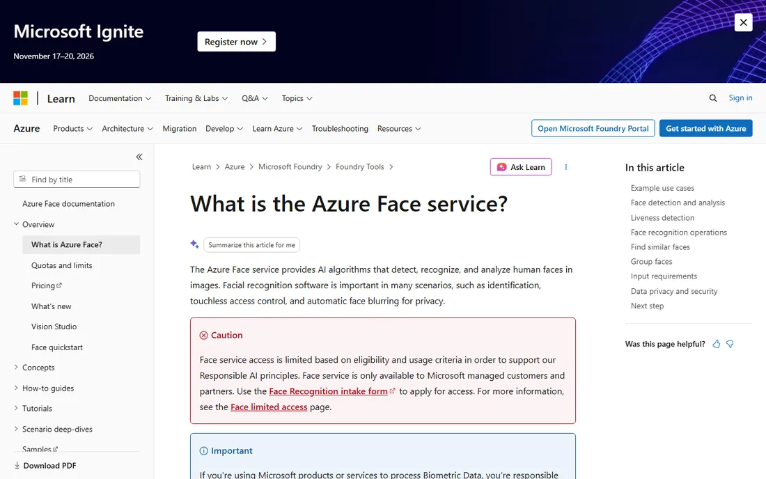Microsoft Azure AI Face homepage