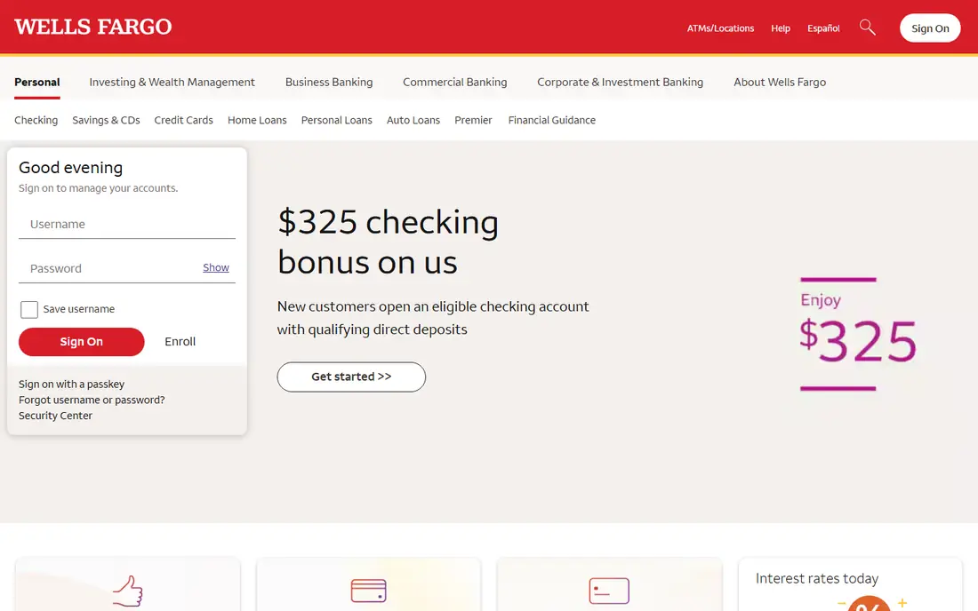 Wells Fargo homepage