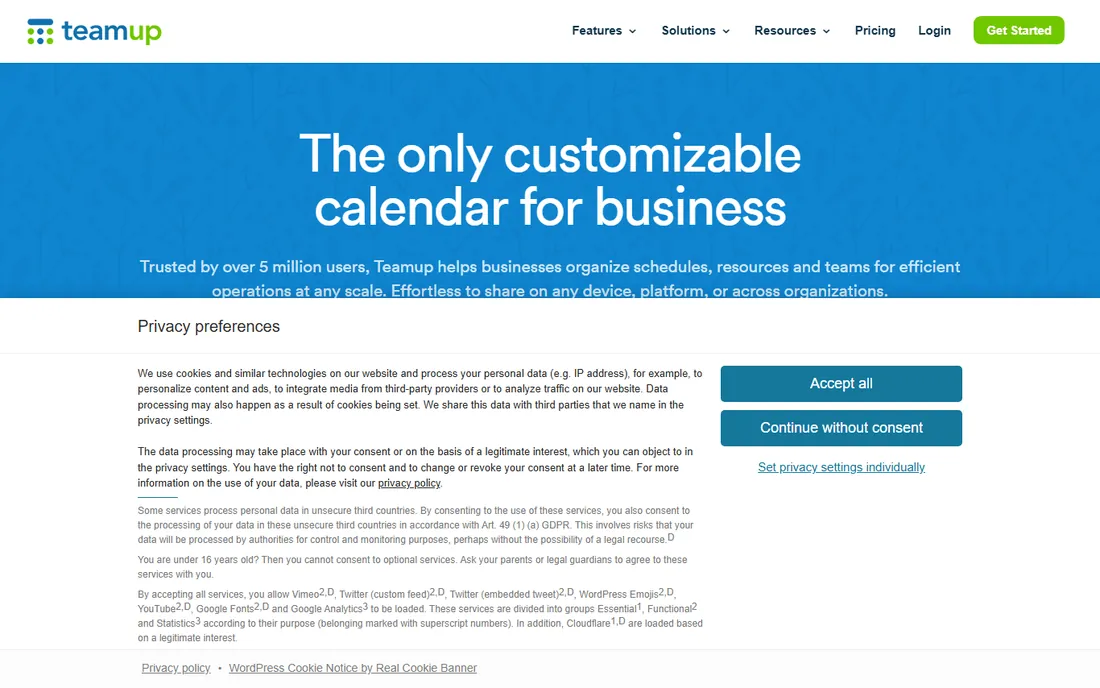 TeamUp homepage