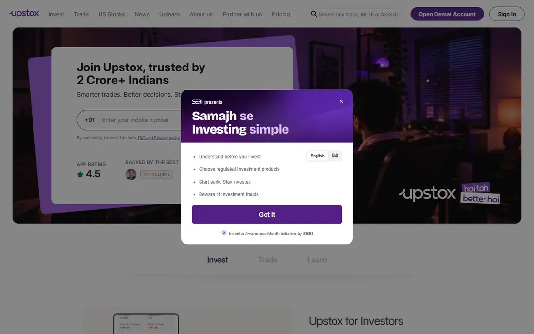 Upstox homepage