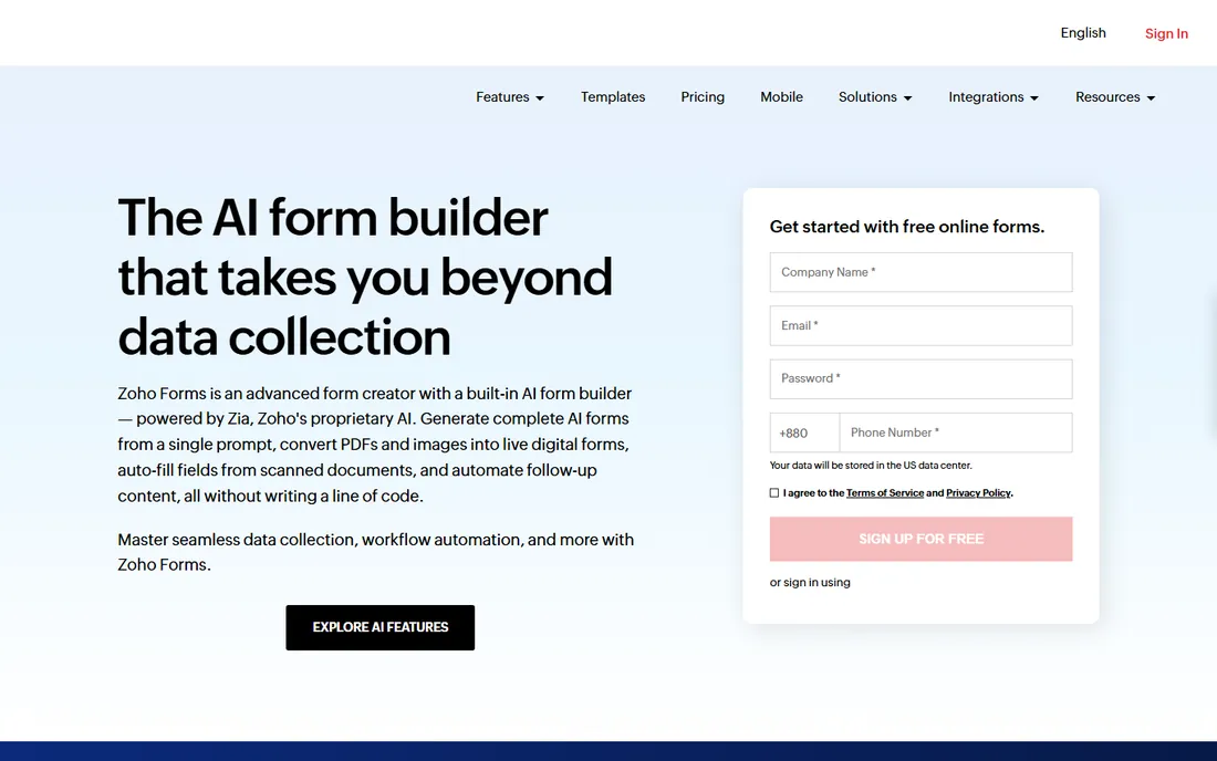 Zoho Forms homepage