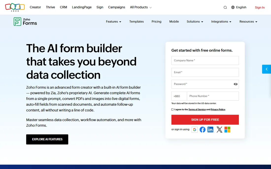 Zoho Forms homepage