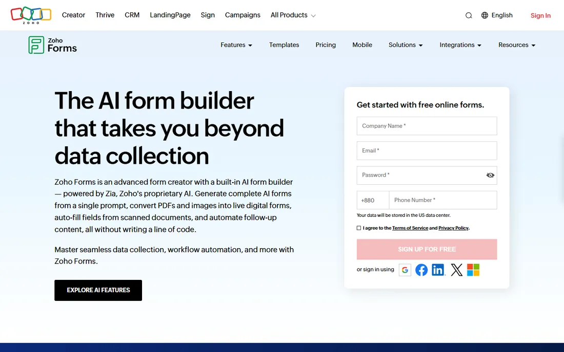 Zoho Forms homepage