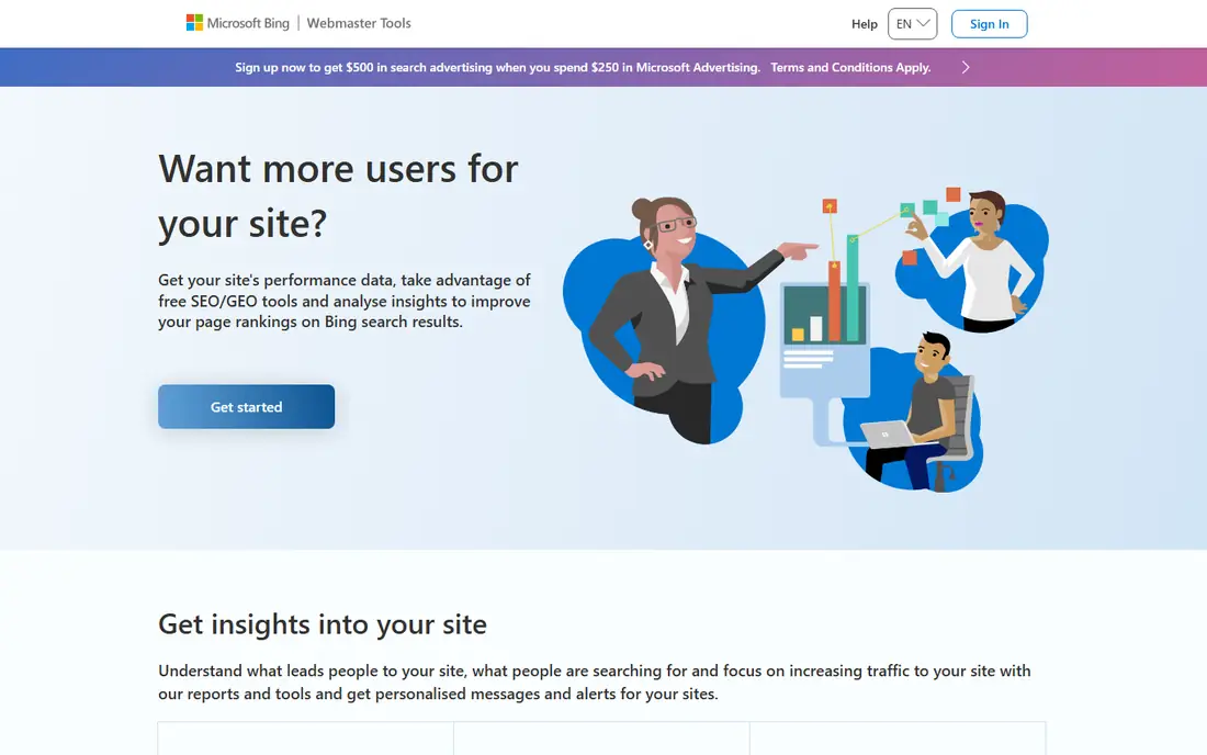 Bing Webmaster Tools homepage