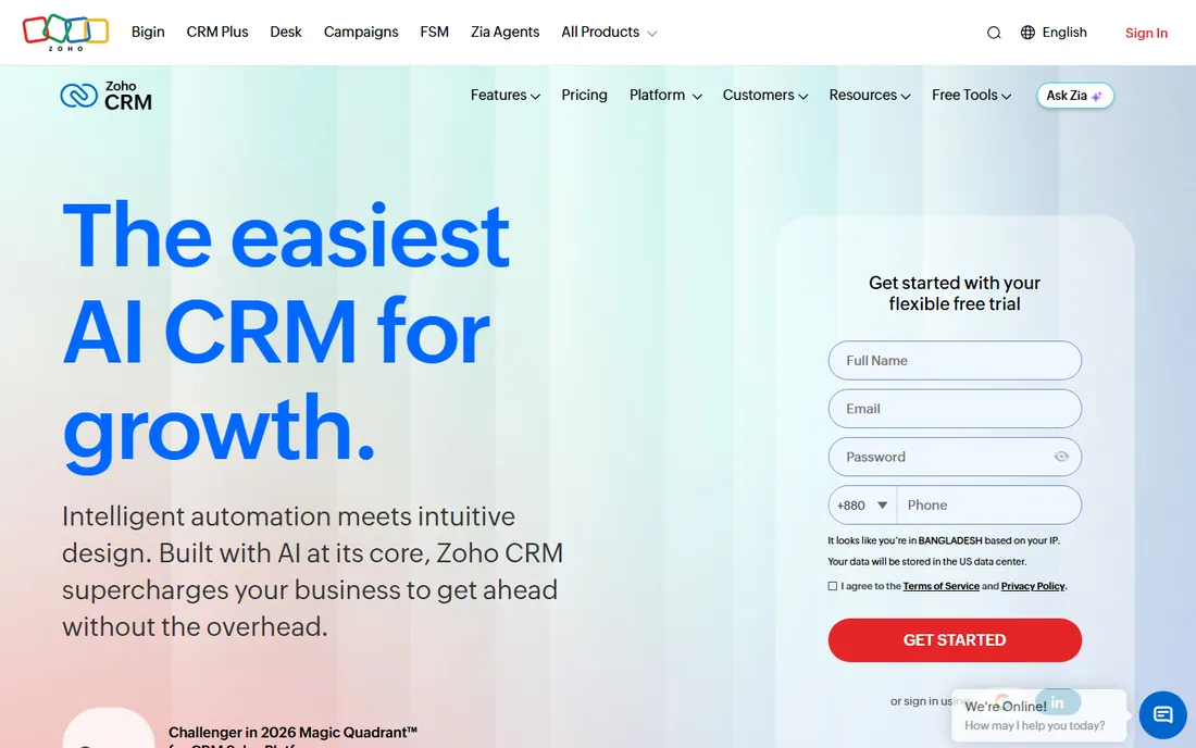 Zoho CRM homepage