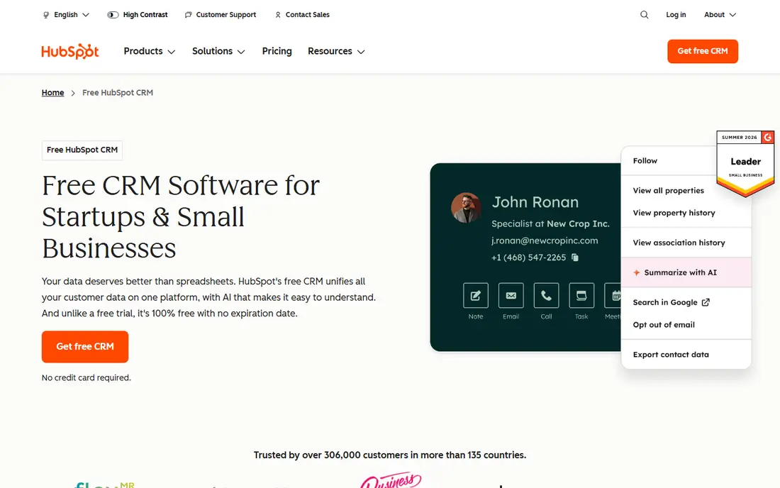 HubSpot Free CRM homepage