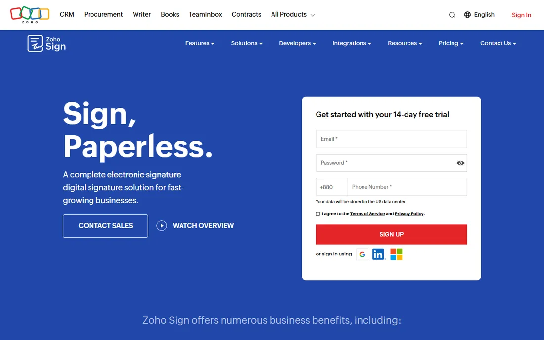 Zoho Sign homepage